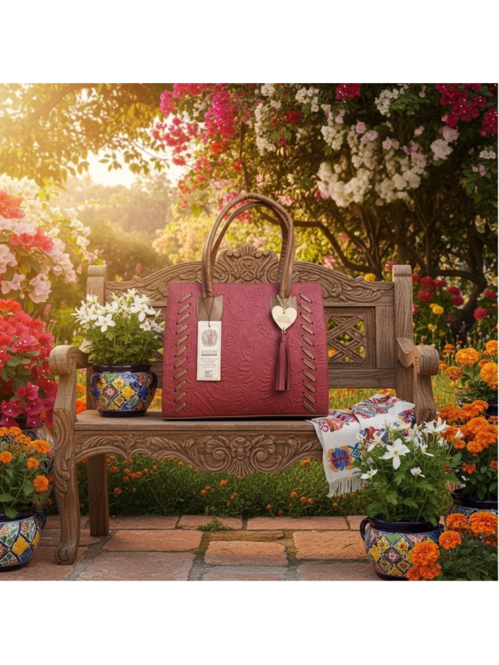 Sunflower Red Wine Brown Stitched Embossed Tooled Artisan LEATHER Purse Handbag